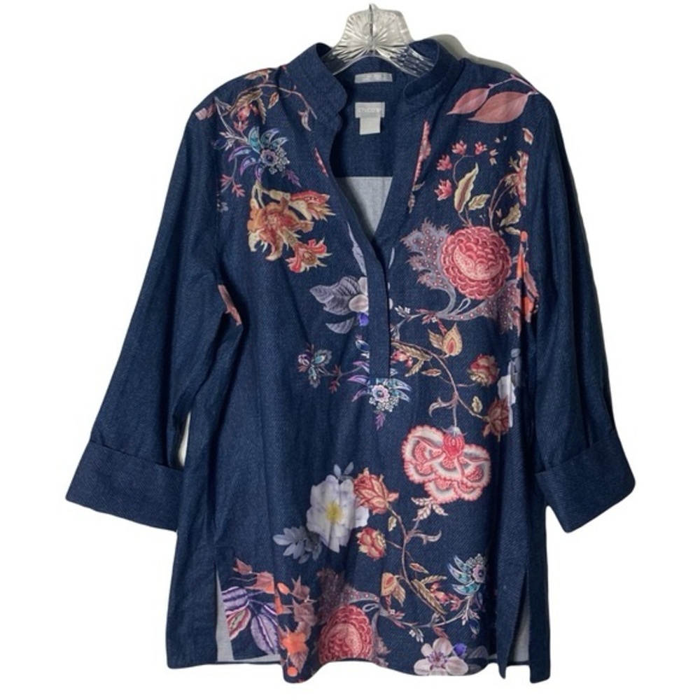 Nwot Chicos No Iron Stretch Flower Print Tunic Size 2/US 12 Cotton Boho